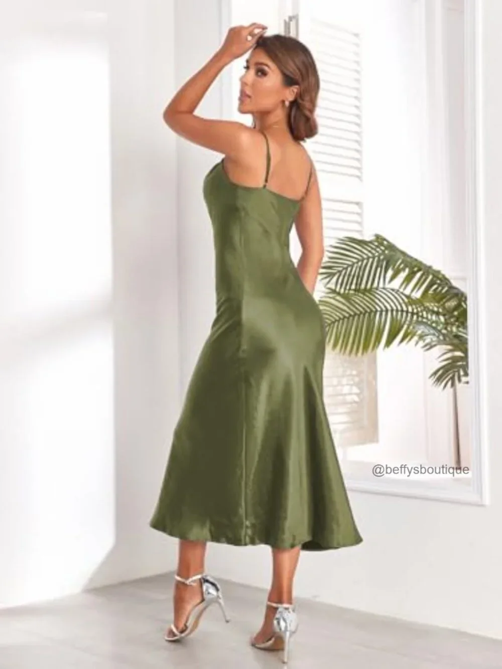 Spaghetti Strap Midi Satin Silk Cowl Neck Party Dress - Picture 5 of 7